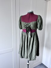 Pretty Little Thing Khaki Green Tie Bust Detail Puff Sleeve Shift Dress UK 16