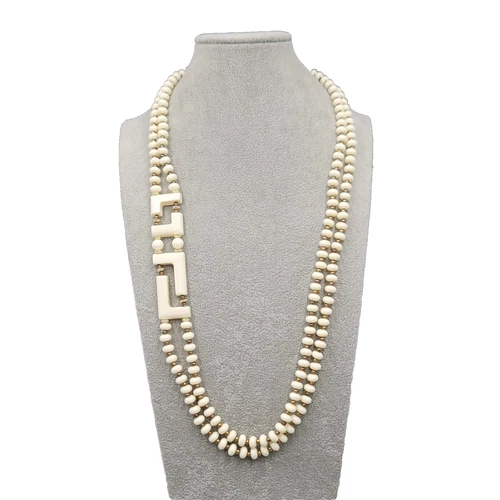 Vintage White Bead Geometric Necklace Estate Costume Jewelry 28"