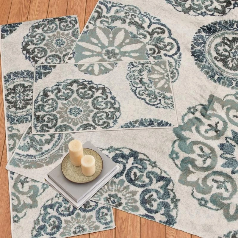 Juego de alfombras de área de 3 piezas para uso en interiores resistente a manchas patrón de medallón fácil cuidado Foto 2 de 4