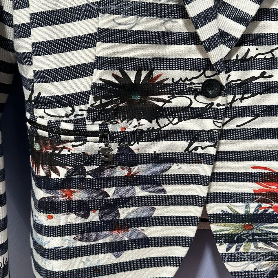 Chaqueta BLAZER 42 M NUEVA SIN ETIQUETAS DESIGUAL Algodón FLORAL Arte para Usar Estampado Firmado RAYAS Foto 4 de 4
