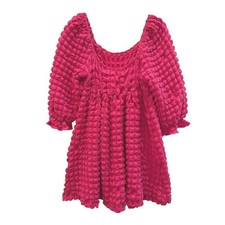 Hot Pink Bubble Textured Puff Sleeve Mini Babydoll Dress Large Scoop Neck