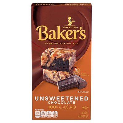 Baker's 100% Cacao Unsweetened Chocolate Bar -  Baking Delight (4 oz)