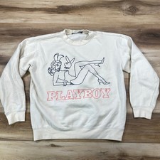 Playboy Sweatshirt Mens Medium Streetwear Embroidered Graphic Fleece Cream Ivory