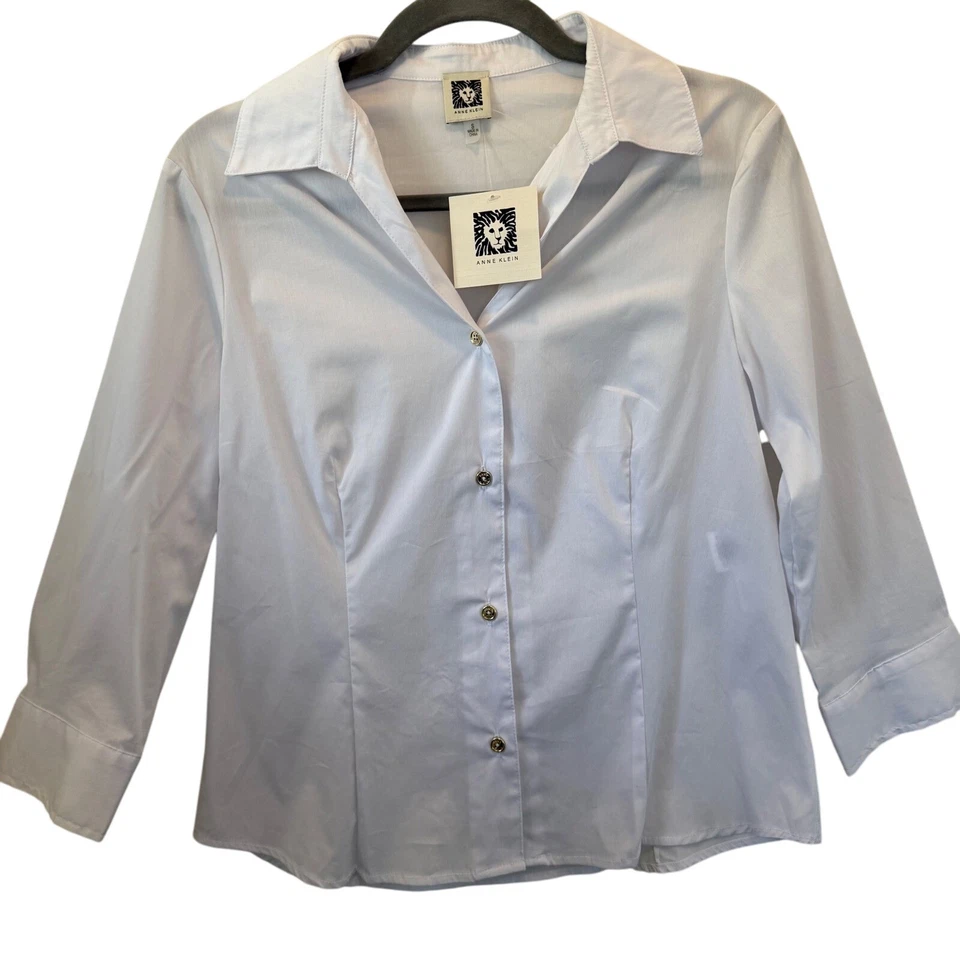 Blusa Estructurada Anne Klein Vintage Para Mujer Blanca Manga 3/4 Con Botones Talla S Foto 2 de 4