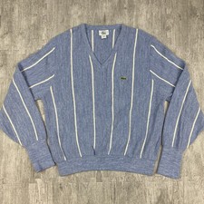 VTG 80S IZOD LACOSTE 100 ORLON VERTICAL STRIPED V-NECK SWEATER MENS M USA BLUE