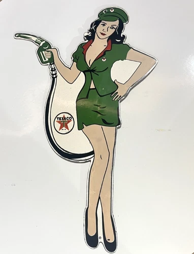 Texaco Lady Pin-Up Die Cut Porcelain Enamel Vintage Sign Gas Oil Art 18x11.5