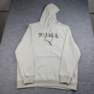 Puma Hoodie Sweatshirt Mens 2XL Beige Pullover Fleece Spell Out Logo 677344-08