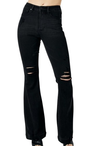 Judy Blue Black Denim Distressed Flare Jeans 14