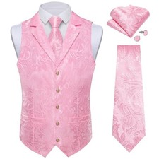 Men's Silk Paisley Vest and Necktie Set 6PCS Pre-tied Bow Tie Large Light Pink