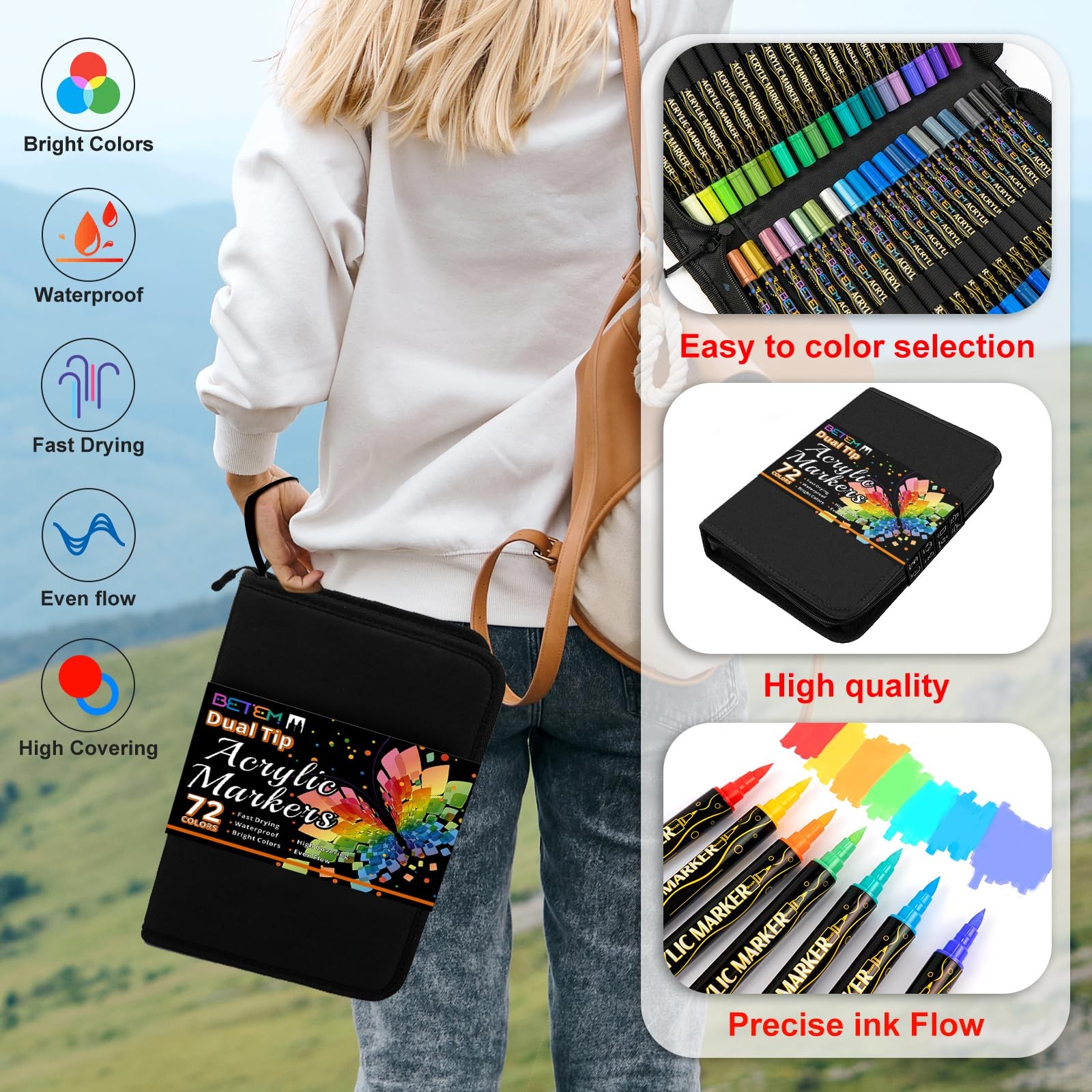 Betem Paint Markers Acrylic Paint Pens, Dual Tip 72 Colors Acrylic Markers with 