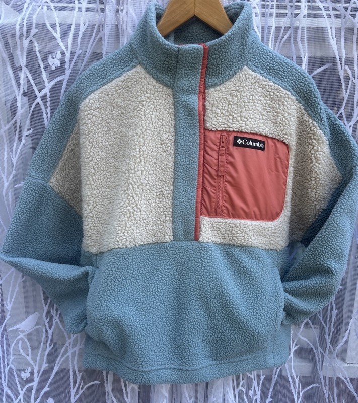 Columbia Women's Lodge Sherpa 1/2 Snap Fleece Pullover Stone Blue/Cream/Pink XL