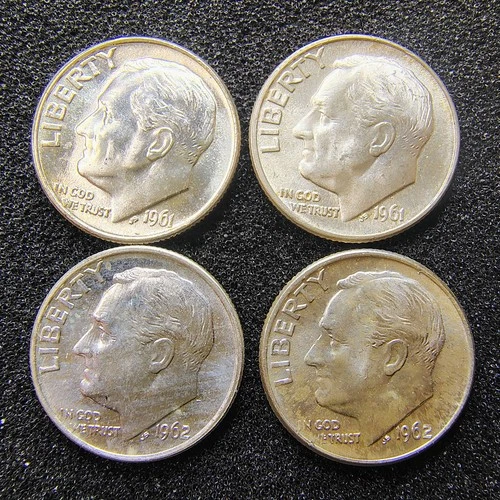 1961-1962 P & D Roosevelt Dimes - Philadelphia & Denver - 90% Silver - BU Toned