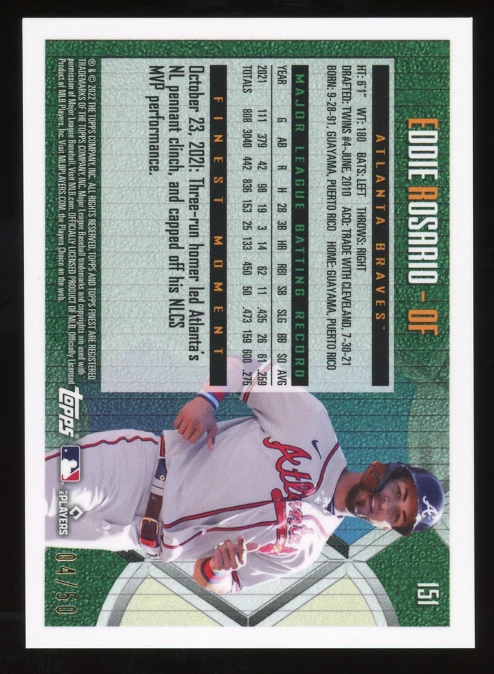 2022 Topps Finest Flashbacks EDDIE ROSARIO Gold Refractor Braves #151 4/50 - Image 2 of 2
