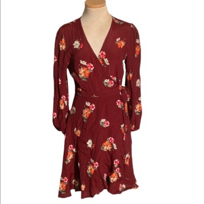ASTR The Label Floral Burgundy Wrap Dress Long Sleeves Size S | eBay