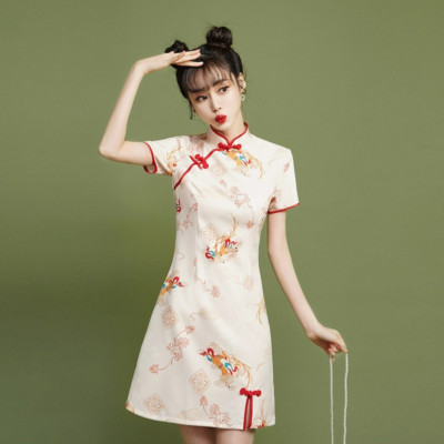 Traditional Chinese Qipao Short Dress With Deer Print And Side Split