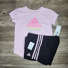 Adidas Graphic Tee  Gym Short 2 Piece Set Pink/Black Girls Size 4 NWT