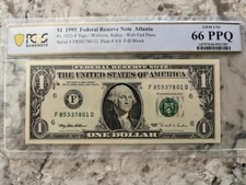 1995 $1 FEDERAL RESERVE WEB NOTE ATLANTA FR.1923-F FD BLOCK PCGS GEM 66 PPQ