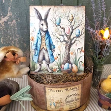 EASTER EGG TREE BUNNY PRIMITIVE VINTAGE STYLE CANVAS HANDCRAFTED SIGN PLAQUE