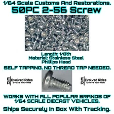 50PC 1/8th 2-56 Screw Self Tap FOR 1/64 Scale Customs Restorations Hot Wheel