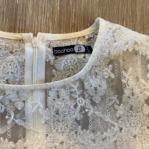 Boohoo Dress Women's Ivory Sz 4 Lace Sheer Cottage Core Coquette Fairy - Picture 2 of 11