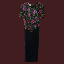 VTG 80s Lawrence Kazar / Size M / Black Floral Sequin Beaded Formal Dress / GC 