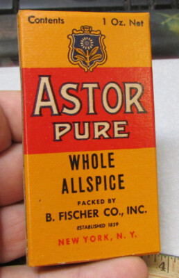 Vintage Astor Ground ALLSPICE 1 oz spice box, Great graphics & colors NEW FULL