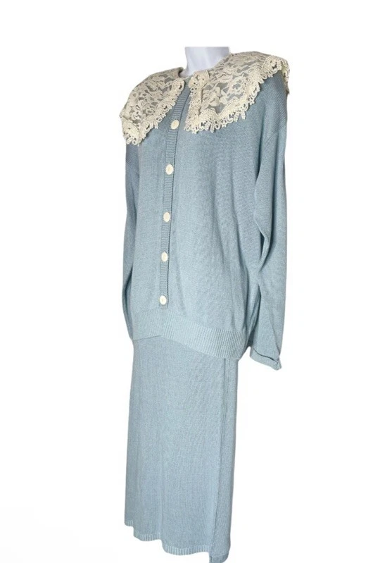 De Colección Jessica McClintock Azul Encaje Cuello Victoriano Coqueta Tejido Falda Top Conjunto L Foto 3 de 4