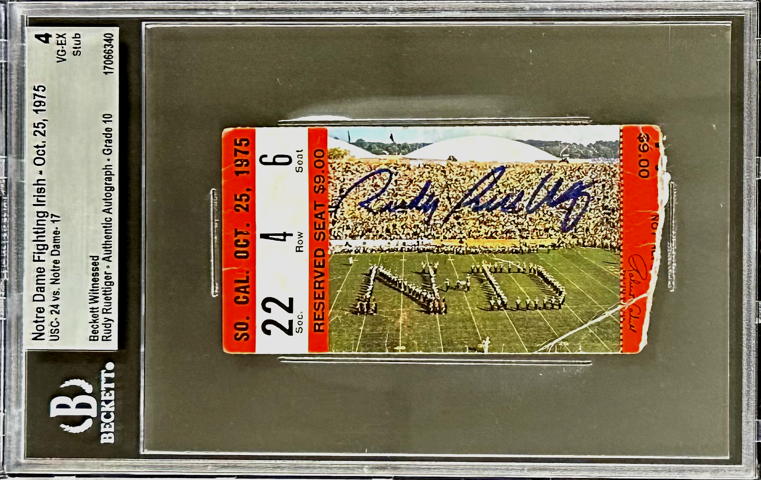 Rudy Ruettiger Autographed Signed Norte Dame Oct Ticket Stub Beckett 