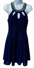 Betsy & Adam Navy Beaded Halter Cocktail Dress Size 6 Jewel Neck Cutout