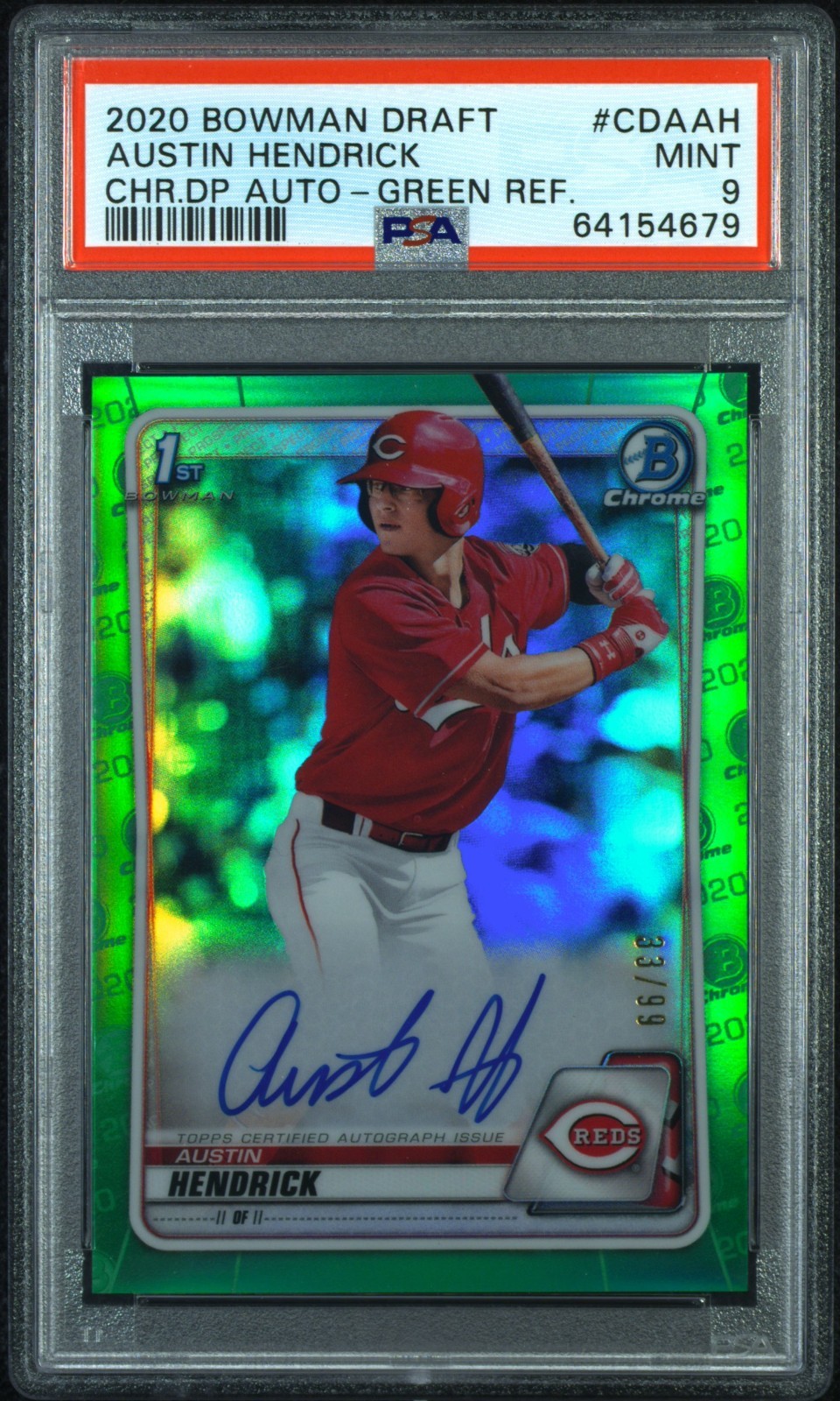 Austin Hendrick 2020 Bowman Chrome Draft Green 1st Auto /99 PSA 9