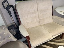 Beige Fabric 2-Seater Sofa Brown Wooden Frame 120x100x49cm Used