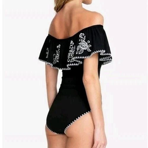 Traje de baño Johnny Was inalámbrico floral bordado fuera del hombro Sofía grande negro Foto 3 de 4