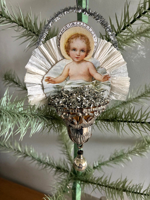 Antique Look  Scrap Christmas  Ornament,  CHRIST CHILD,  Bell,  Glass,  Handmade