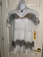 INC International Concepts Sequined White Sheer V Neck Blouse Shirt 1X NWT
