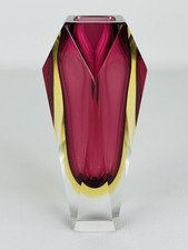 Vetro Di Murano Vaso Sfaccettato 16cm Sommerso Viola E Giallo Design 1960