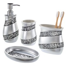 Silver Bathroom Accessory Set - Mosaic Glass Bathroom Soap Dispenser Set; 4-P...