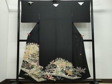 Heiwaya Kimono Luxury Black Tomesode Yuzen Artist's Landscape Crossing Bridge