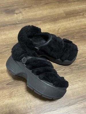 W7 / M5 Crocs Black Unisex Stomp Lined Quilted Clog Platform Fuzzy Slippers 