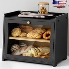 Bamboo Double Layer Bread Box Two Tier Kitchen Storage Organizer Vintage Design