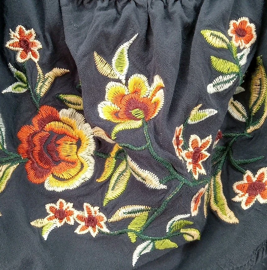 Chicsoul.com Mameluco Mujer’s 1X Bordado Campesino Top Bolsillos Cintura Elástica Azul Foto 4 de 4