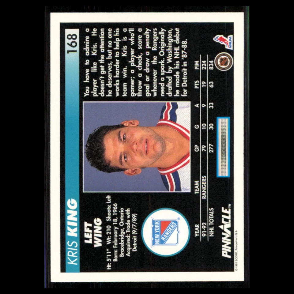 Kris King #168 1992 Pinnacle New York Rangers Hockey Card NHL NM - Image 2 of 3