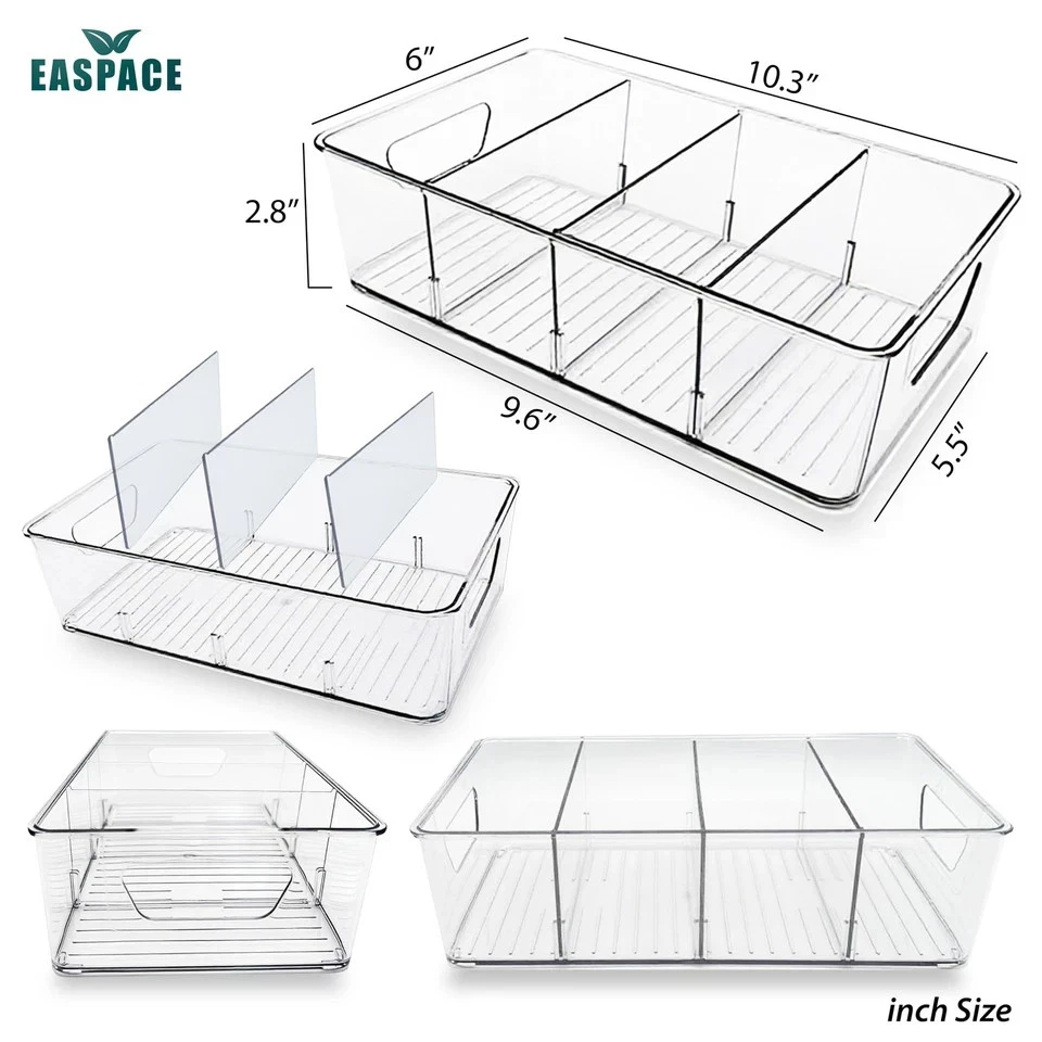 4-Pack Clear Storage Pantry Organizer Bins for Kitchen, Fridge, Shelves and More
