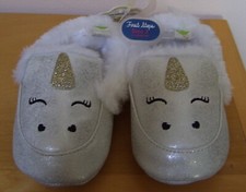 Baby Girls First Steps Gold Unicorn Fur Slippers Crib Shoes Sz 3 6-9M 