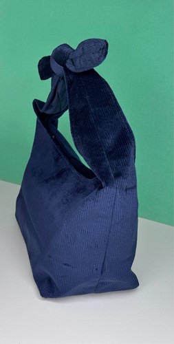 Neiman Marcus Navy Blue Corduroy Tie Top Handbag w/ Knot Strap and Snap Closure - Picture 5 of 10
