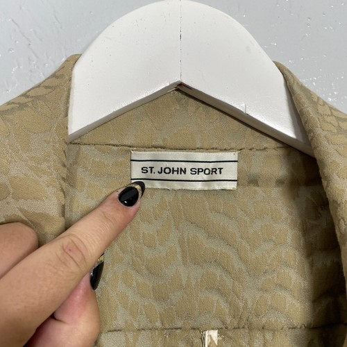 St John Women M Tan Jacquard Jacket Blazer Collar Gold Button Front Career - Picture 6 of 12