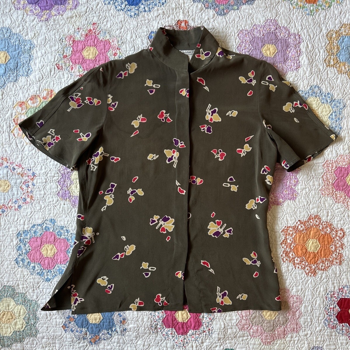 希少 80s Christian Dior 麻100% リブシャツ ヴィンテージ Christian Dior vintage 80's 100% silk Short sleeve button front