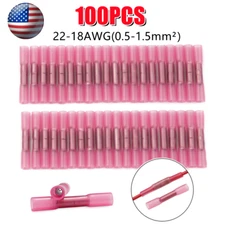 100Pcs Red Heat Shrink Butt Wire Connectors Crimp Terminals AWG 16-22 Gauge US