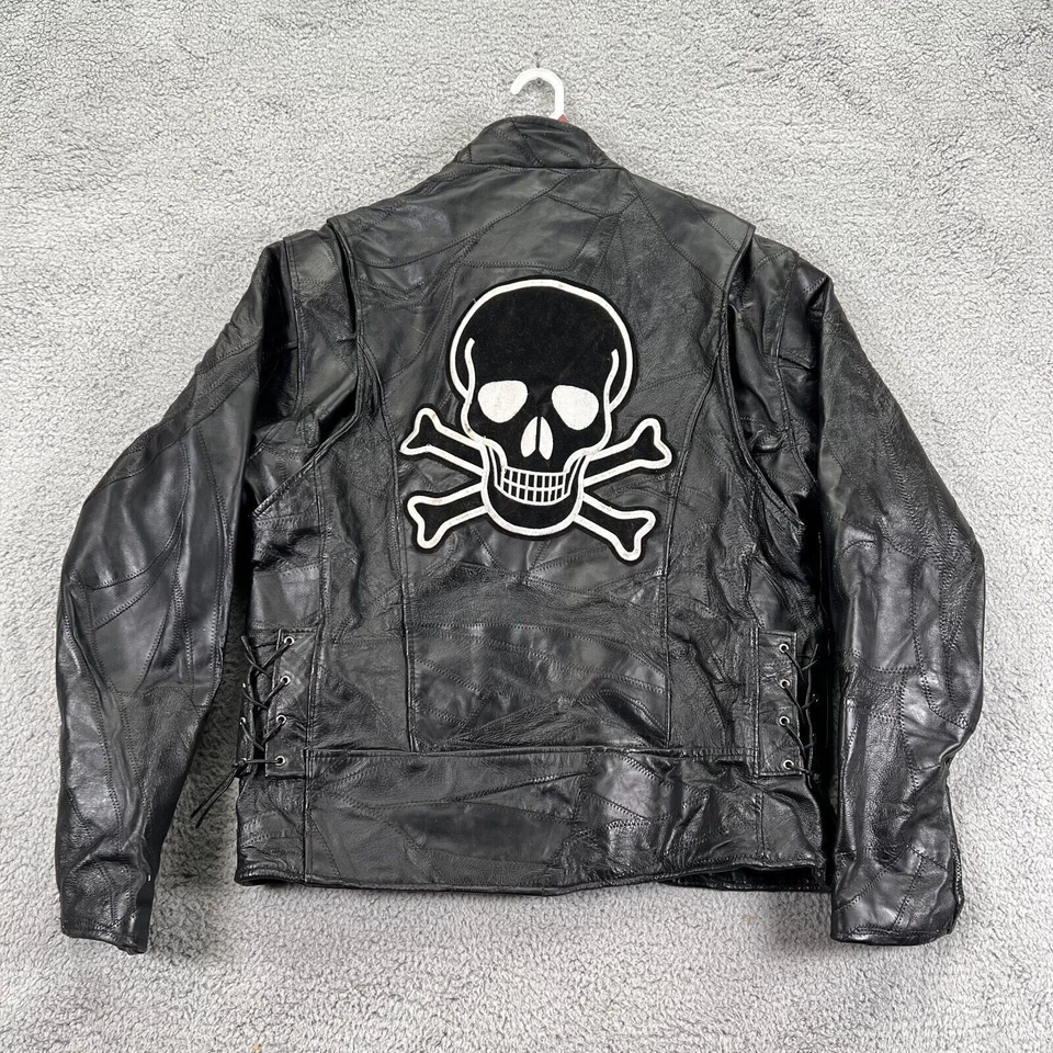 Chaqueta de motocicleta de cuero búfalo de manga larga negra con placa de diamante para hombre talla grande Foto 2 de 4