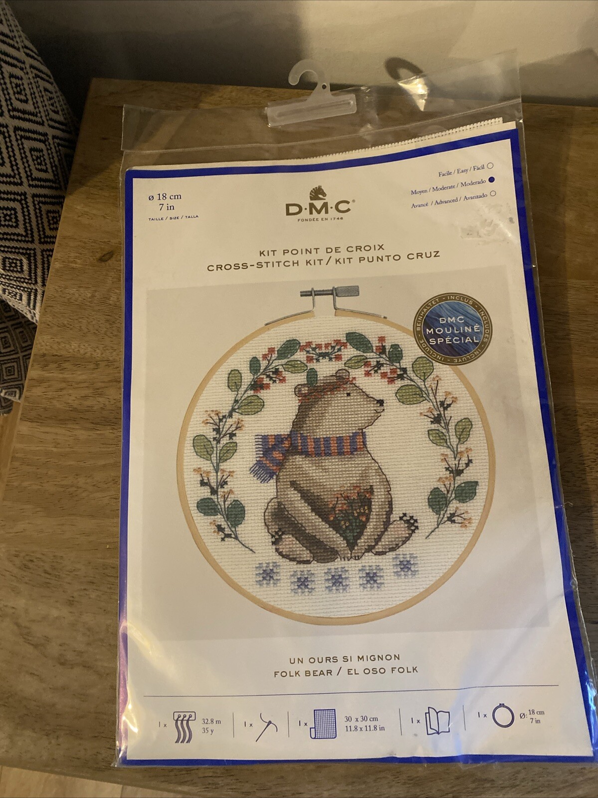 GENUINE DMC ""FOLK BEAR"" CROSS STITCH KIT INCLUDING HOOP