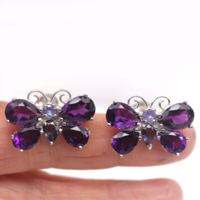 Unheated Purple Amethyst, Iolite Tanzanite Earrings 925 Sterling Silver 